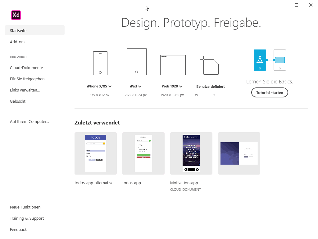 Adobe XD Startseite