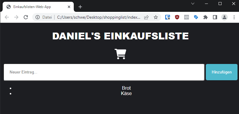 javascript einkaufsliste css obererteil