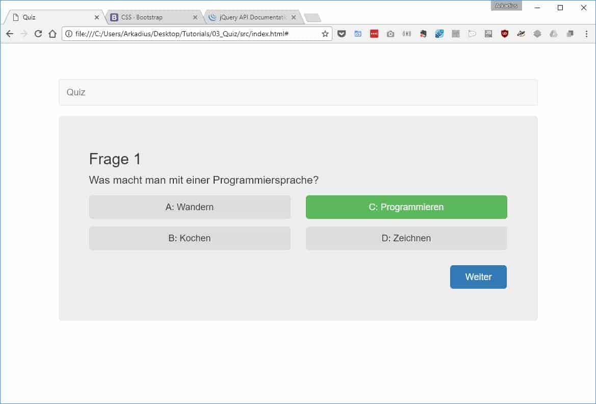 Auswertung der Frage im Quiz-Programm