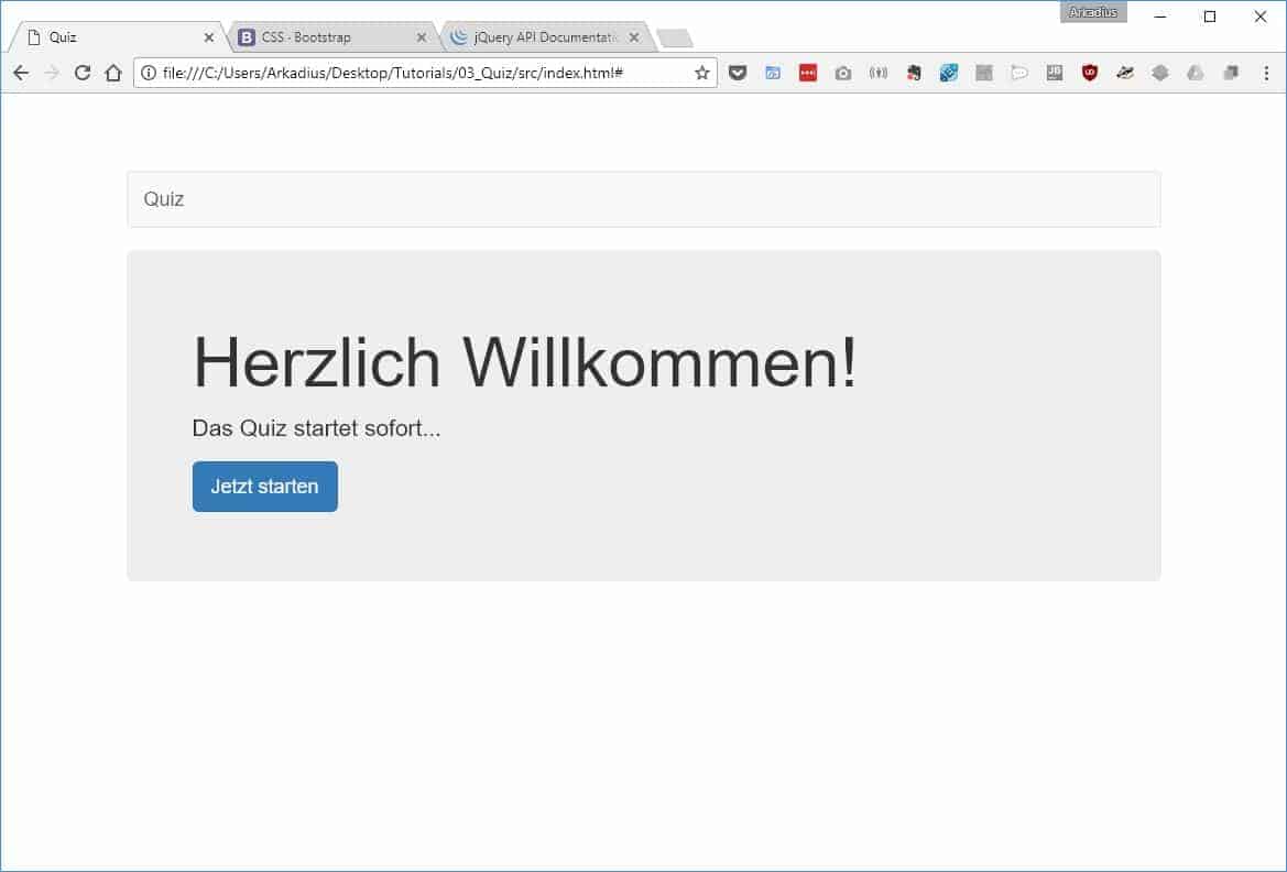 Startbildschirm des Quiz-Programms